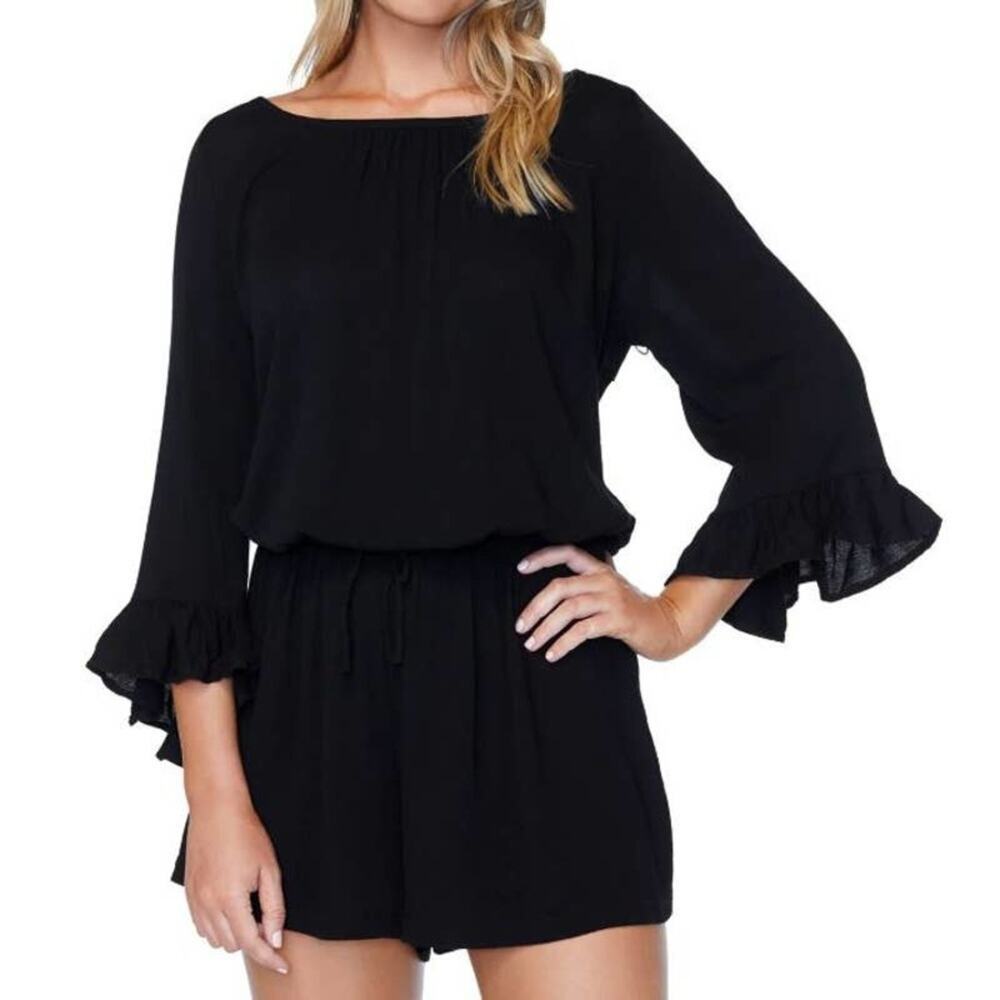 RAISINS Shoreline Black Romper Cover Up S NWT Swim Beach Boho Ruffle Sleeve